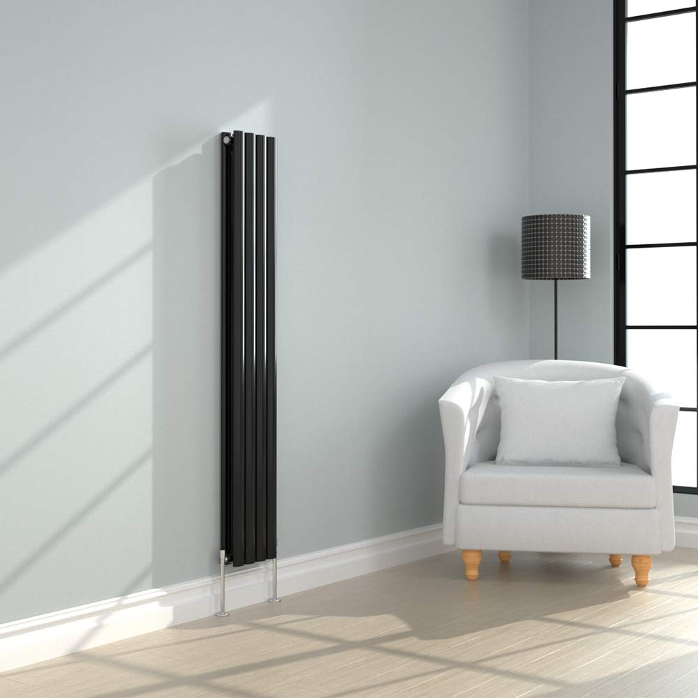 NRG 1600x236mm Black Radiator Vertical Oval Panel Bathroom Designer Double Rad Central Heating — image 1