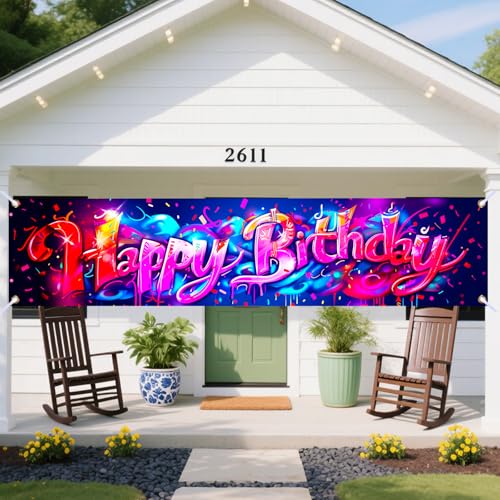 Image of Nuxovilar Graffiti Birthday Banner 78x17 inch Polyester | Party Decor, Birthday Event, Home Gathering, Indoor Backdrop, Wall Accent (Neon)