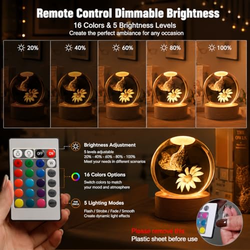 Image of Large 3D Butterfly Crystal Ball Night Light, 16 Color Changing with Remote for Bedroom Decor, Ideal Gift for Girlfriend for Teens Boys and Girls, Butterfly