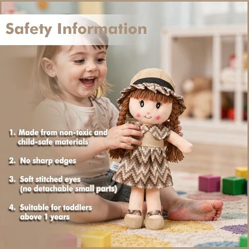 Image of Apollo Toys Soft Cloth Doll for Kids | Cute Braided Girl Plush Toy with Hat | Premium Cotton Stuffed Soft Toy for Girls | Birthday Gift for Kids | Safe & Washable Doll (Blue Dress, 50 cm) (Brown)