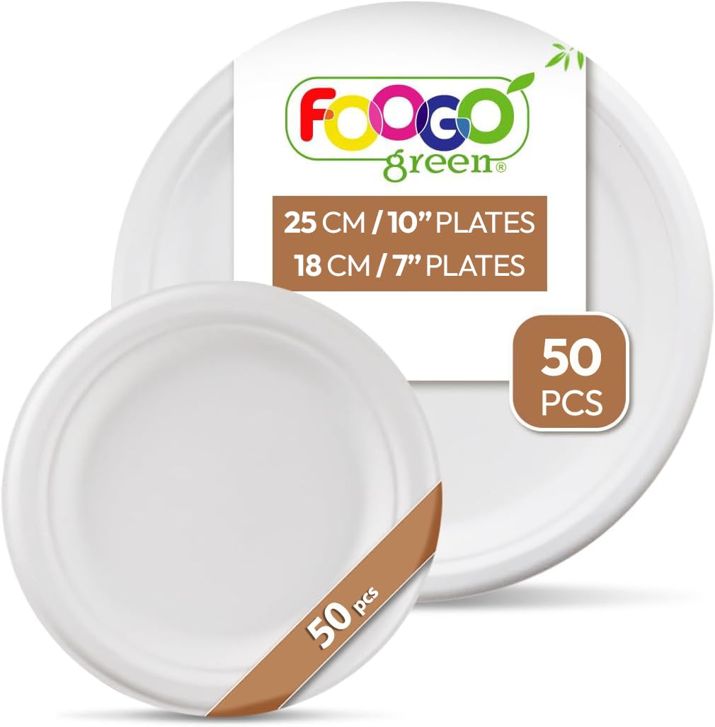 FOOGO Green 100pcs Disposable Sugarcane Fibre Strong Paper Plates Set, 50x Large Round, 50x Small Plates, Eco Friendly Biodegradable, Party Dinner and Dessert โ image 1