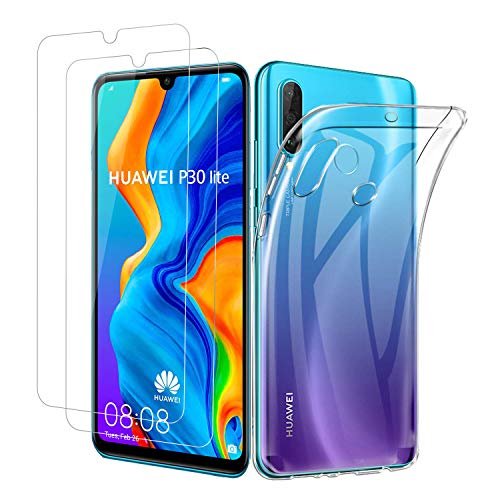 Satacnut Funda + [2 Piezas] Cristal Templado Huawei P30 Lite, 9H Dureza Anti-arañazos, Caja del teléfono TPU Huawei P30 Lite,Anti-Choques [Alta Definicion],Funda + Protector Pantalla Huawei P30 Lite