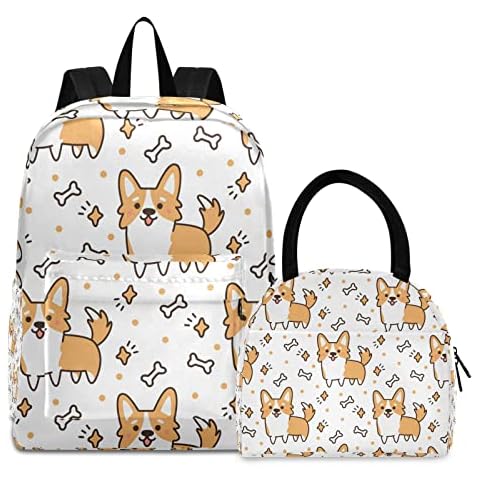 ISAOA Cute Dog Breed Welsh Corgi Shoolbag Set for Boys Girls,Children Backpack with Lunchbox Bag Set,Teenager School Backpack for Kids Cover