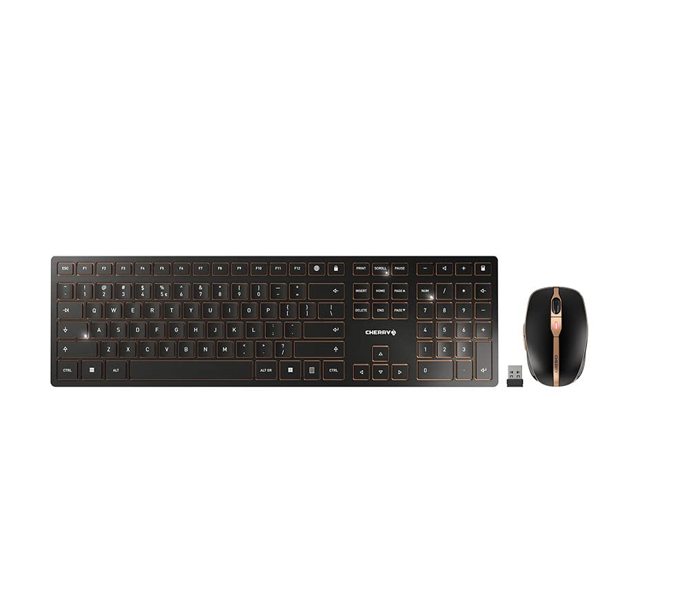 CHERRY DW 9000 SLIM, Set di Tastiera e Mouse Senza Fili, Layout per l'UE (QWERTY), Bluetooth e Radio 2,4 GHz, Pulsanti Silenziosi, Ricaricabile, Nero-Bronzo
