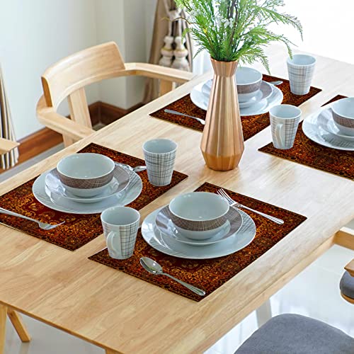 Image of Red Gold Boho Placemats Set of 4 Bohemian Vintage Retro Rug Carpet Linen Washable Kitchen Dining Table Mats Stain Heat-Resistant Desktop Decor Place Mats for Home Party Indoor 12x18 in