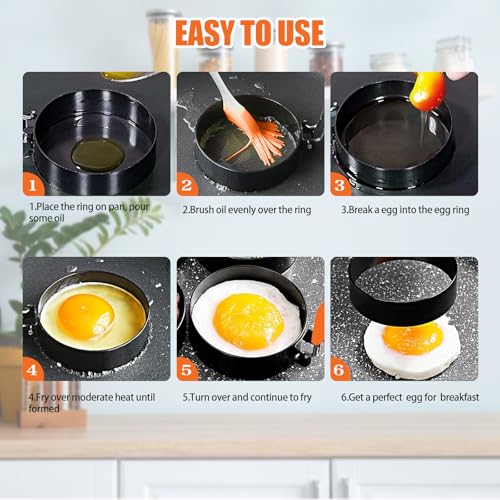 6 Packs Professional Pancake Ring Set,3" Omelette Ring,4" Non-stick Griddle Pancake Shapers with Oil Brush,6" Stainless Fried Egg Molds with Orange Anti-scald Silicone Handle,8" Pancake Molds — view 4