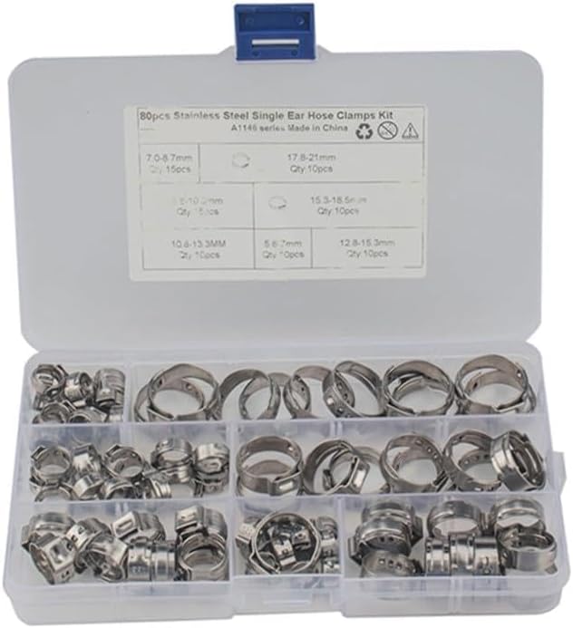 80 Piece Stainless Steel Single Ear Hose Clamp Set, 7 Sizes | Smooth Strip Design, Anti Corrosion Finish, for Hose Sealing in Export and Home Appliance Lines, Plastic Box