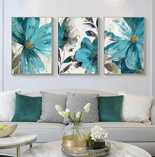 Peinture de fleurs bleues modernes tableau abstrait triptyque - 2