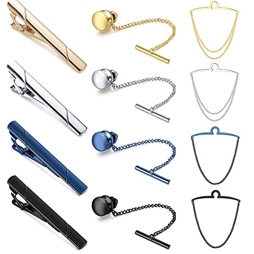 Sanfenly Tie Clips for Men - Black, Blue, Gold, Silver Tie Bars with Chain Set - Valentine's Day, Father's Day