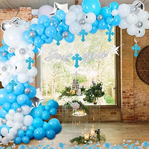 Elkanah Christening Decorations for Boys Girls First Holy Communion decorations 1st holy Communion Baptism Confirmation Decor Cross Cake Topper Banner Balloons God Bless Bunting(Blue)