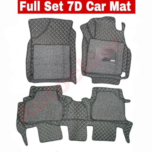 Image of Premium 7D Car Mat for Skoda Rapid (Model : 2012-2025) || Luxury Leather Dual-Stitch Full Set 7D Car Floor Mat || Color : Golden Stitch-Silver Grass (Design-1)
