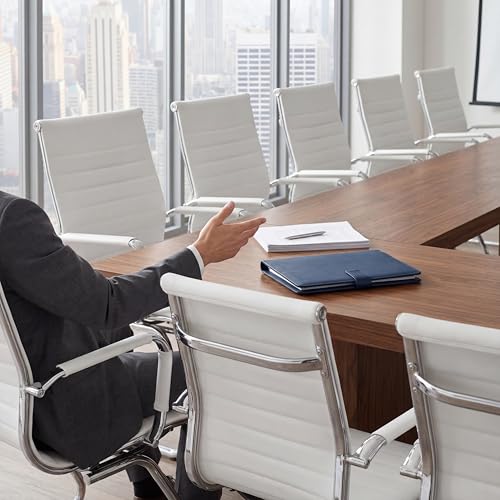Image of Conference Room Chairs Set of 6, Waiting Room Chairs with Arms, Faux Leather Reception Chairs No Wheels, Office Guest Chairs with Mid Back Support and Chrome Sled Base, White