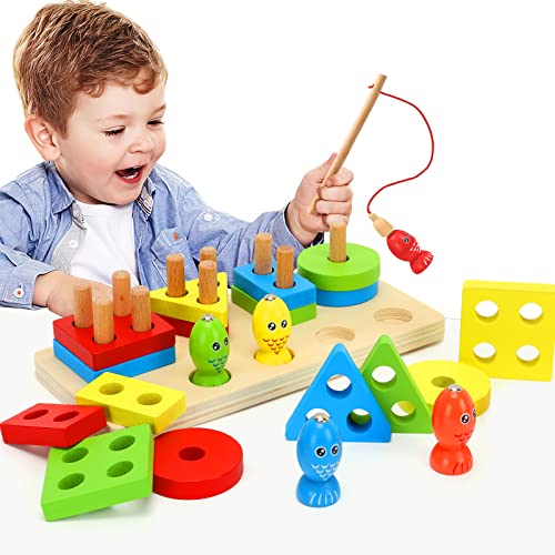 Wooden Shape Sorter Stacker Toddlers Puzzles Toy Montessori Color Sorting Preschool Geometric Shapes Toy Fishing Game Peg Puzzles Board Blocks Baby Wooden Stacking & Sorting Toys for Toddlers