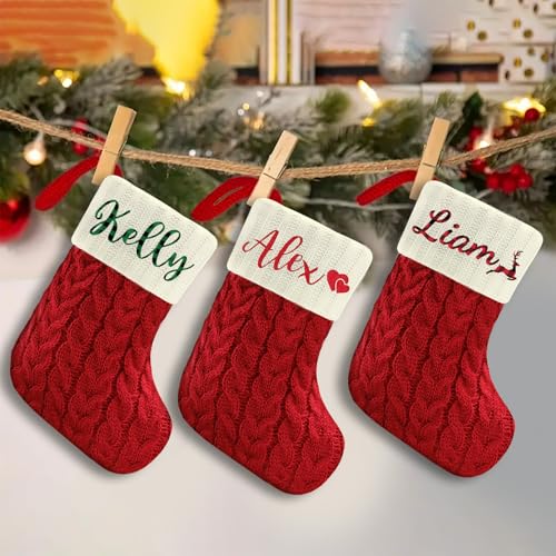 Mini Christmas Stockings Personalized with Name, 7” Double Side Xmas Red Knitted Personalized Stockings, Handmade Small Christmas Tree Fireplace Decorations (1 Pack)