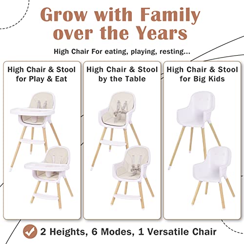 Baby High Chair, 3-In-1 Convertible Wooden High Chair With Adjustable Legs & Double Dishwasher Safe Tray, High Chairs For Babies And Toddlers, Made Of Sleek Hardwood & Premium Leatherette #TOP5