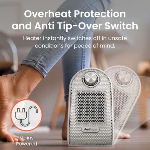 Pro Breeze Mini Heater - 500W Ceramic Fan Heater with Built-in Thermostat, Heat Dial, Overheat & Tip-Over Protection - Personal PTC Electric Fan heater Ideal for Over or Under Desk Heating