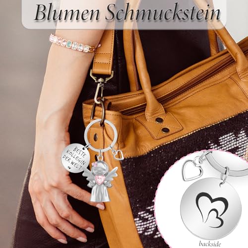 YnewL Beste Kollegin Schlüsselanhänger Schutzengel Glücksbringer Matt mit Edelsteinen, mit Herz und Gravur - Abschied Kollege Abschiedsgeschenk(Rosa)