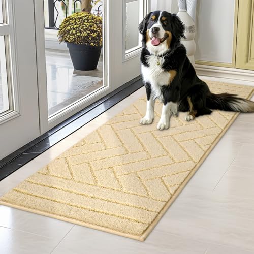 Image of hicorfe Indoor Doormat,Front Back Door Mat Rubber Backing Non Slip Door Mats 20 inchx48 inch Absorbent Resist Dirt Entrance Doormat Inside Floor Mats for Entryway Washable Low-Profile(Cream Yellow)