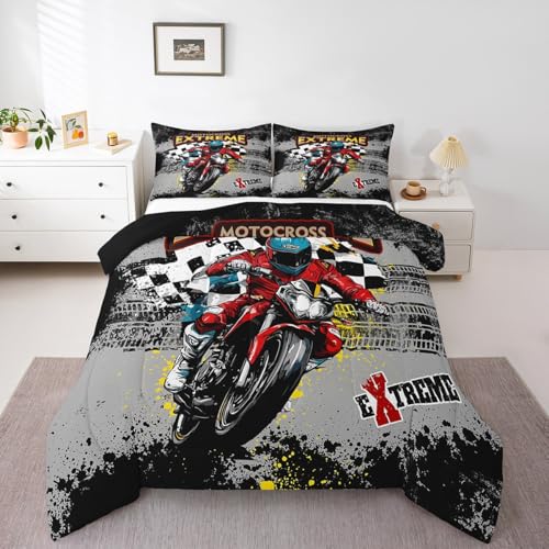 Image of Feelyou Kids Dirt Bike Comforter Set King Size, Extreme Sports Duvet Insert Motocross Bedding Set Boys Girls Teens Bedroom Decor Microfiber Bed Set