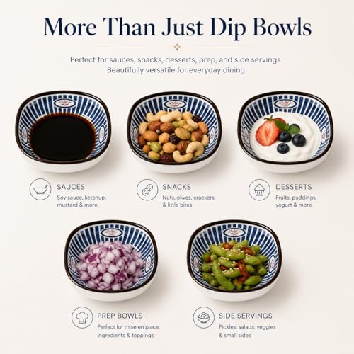Image of Japanese Ceramic Dip Bowl Set of 6 | 200ml Small Square Sauce Bowls for Soy Sauce, Chutney, Snacks & Sushi Sides | Premium Stackable Dishwasher Safe Serving Bowls (Indigo Ray)