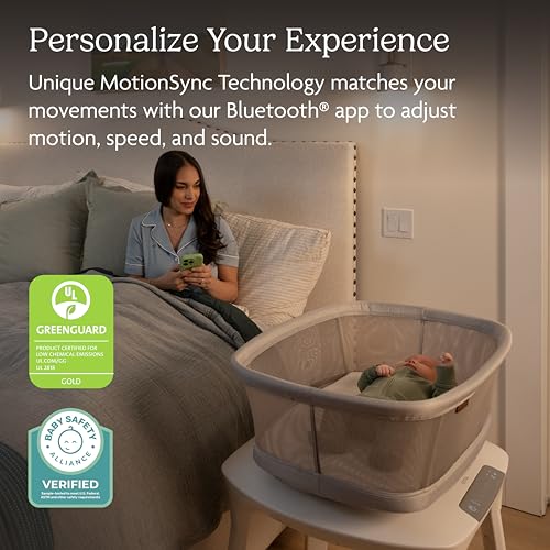 UPPAbaby Soma Smart Bassinet – 5 motions + 5 speeds + 4 Sounds with MotionSync Technology – Height Adjustable – Included Mattress, Sheet + Storage Basket – Charlie (Sand Mélange) - Image 4