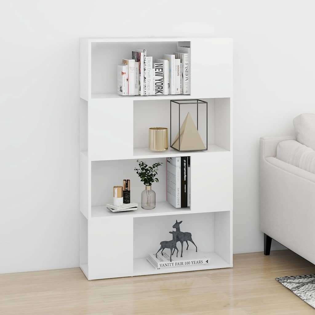 Bücherregal Raumteiler Weiß Holzwerkstoff 80x24x124,5 cm mit 4 Fächern, Stauraum für Bücher, Zeitschriften, Multimediageräte, Büroregal, Wandregal, Ordnung im Raum
