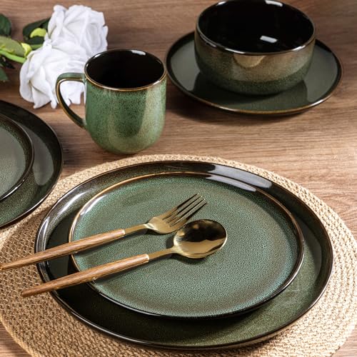 Image of LERATIO Ceramic Dinnerware Sets for 4,16-PieceReactive Glaze Plates and Bowls Set with Mugs,Highly Chip and Crack Resistant | Dishwasher,Microwave & Oven Safe Dishes set-Green