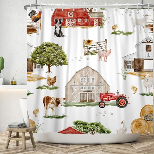 Bauernhof Duschvorhang 180x180 cm, ASDCXZ Rustikaler Bauernhof Rot Scheune Tier Schwein Huhn Kuh H& Schafe Waschbar Duschvorhänge Polyester Textil Wasserdicht Duschvorhang für Badewanne mit 12 Haken
