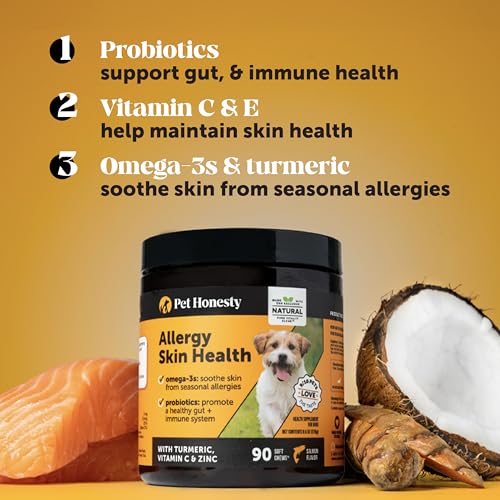Image of Dog Allergy Relief Chews for Itchy Skin + Immune Support - Omega 3 Fish Oil, Probiotics, Turmeric + Zinc - Anti Itch Supplement for Paw Licking, Seasonal Allergies + Dry Skin (Salmon, 90 Ct)