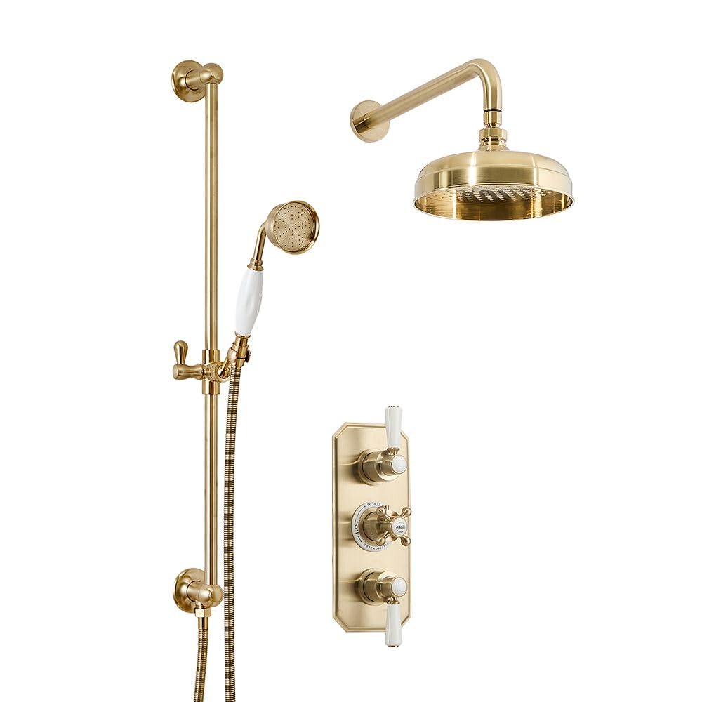 Milano Brushed Brass Mixer Valve 205Mm Round Shower Head Riser Rail