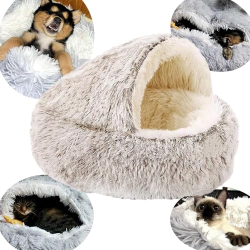 犬と猫のための居心地の良い繭型ペットベッド、冬用プラッシュケーブ、ミディアムサイズ 19.6インチ (グレー)