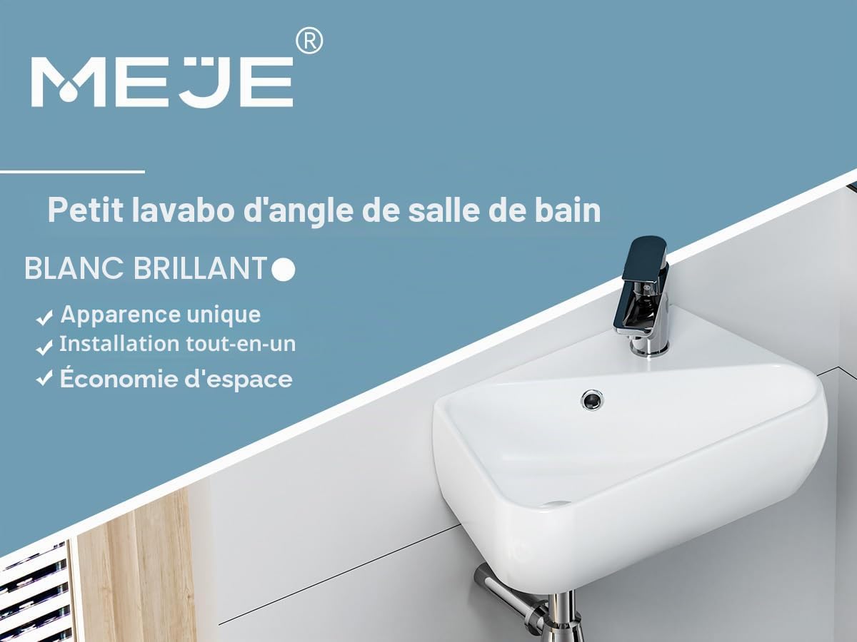 MEJE Ensemble lavabo mural de 45,7 cm, petit lavabo de vestiaire, lavabo de salle de bain en céramique blanche – Ensemble d'évier pour droitier (robinet et bonde pop-up)