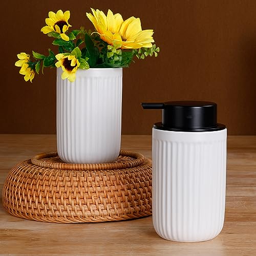 Image of BosilunLife Dish Hand Soap Dispenser - White Liquid Pump soap Dispenser for Bathroom Decro 12oz Ceramic Kitchen Dish Dispenser with Rust-Proof Liquid Pump Modern Refillable Lotion Bottles