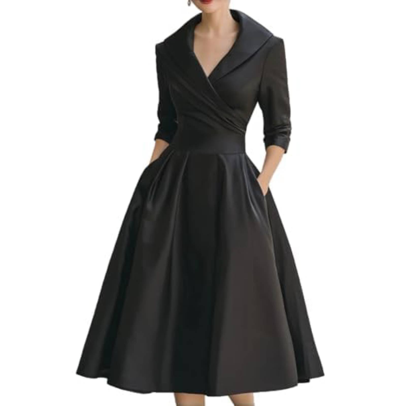 Satynowa sukienka midi w stylu vintage, damska z kieszeniami, dopasowana talia, długi rękaw, elegancka formalna sukienka do biura i na wieczorne wydarzenia