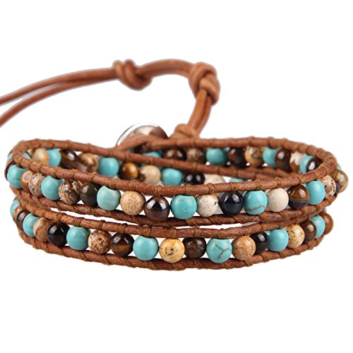 Image of KELITCH Natural Agate Onyx 2 Wrap Bracelets Handmade Leather Strand Bracelets Fashion Jewelry