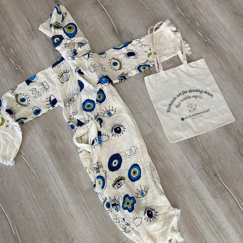 Turkish Cotton Hooded Bathrobe for Women & Men, Handmade Evil Eye Patterns, Lightweight. with Tote Bag.3