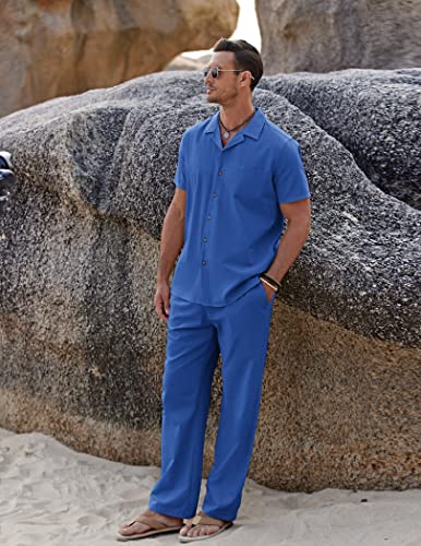 Image of COOFANDY Men 2 Piece Linen Outfit Beach Button Down Shirt Casual Loose Pant Sets