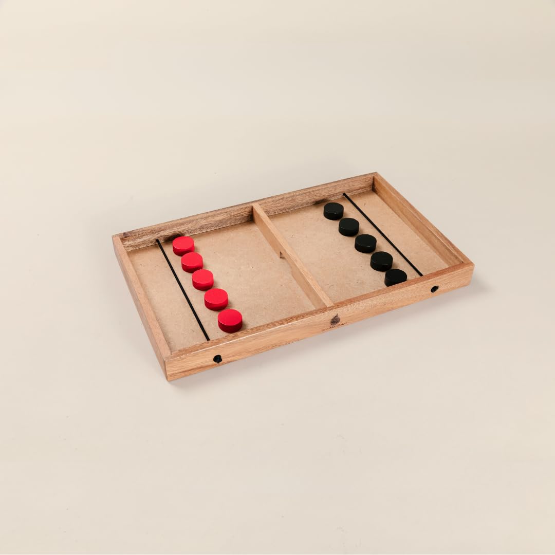 Jeu de palets Fast Sling – Jeu de hockey de table en bois de qualité supérieure pour adultes – Jeu de dextérité à 2 joueurs avec 10 palets – Planche en bois fabriquée à la main, jeu classique, jouet