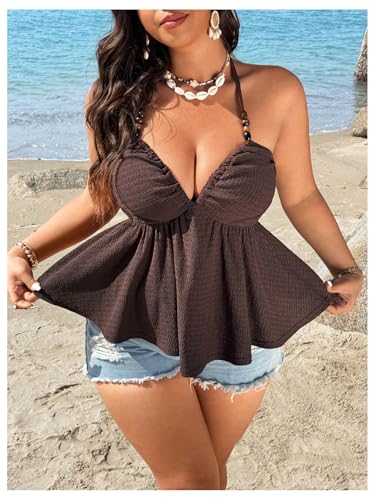 SOLY HUX Women's Plus Size Halter Top Peplum Tie Backless Deep V Neck Sleeveless Vacation Tops3