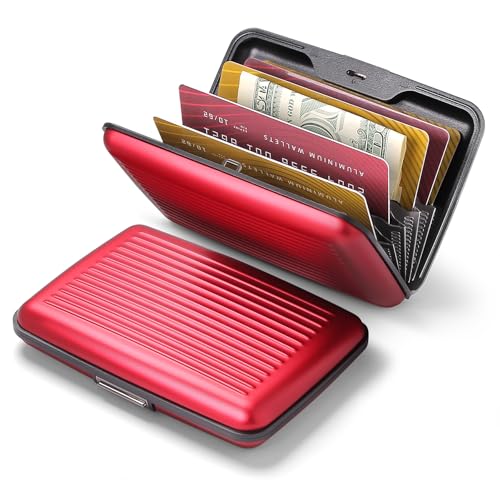 Image of OGON -DESIGNS- Aluminum card holder, RFID protection against fraud and demagnetization, compact wallet, Smart Case STOCKHOLM model (Aluminum Red, Extra-secure lock)