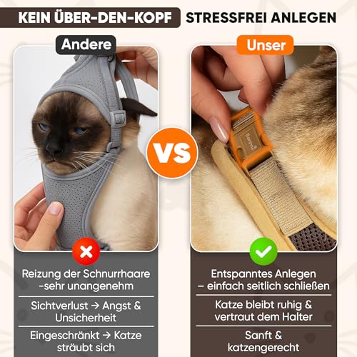 Katzengeschirr Easy Walking Katzengeschirr 2.0 ausbruchsicher, verstellbar, Nicht über Kopf Bengal, Maine Coon kleine und große Katzen (Braun, M)