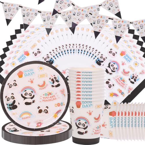 Panda Conjunto de louça de festa infantil, Doyomtoy Serve 20 convidados, panda, aniversário, festa, banners, pratos, canecas, guardanapos para acessórios de festa de aniversário