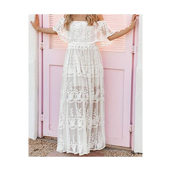 MERMAIDS-CLOSET-Womens-Casual-Off-Shoulder-Maxi-Dress-White-Lace-Sleeve-Beach-Dresses MERMAID'S CLOSET Womens Off Shoulder Embroidered Lace Maxi Dress Boho White Wedding Guest Party Maternity Photoshoot Dresses