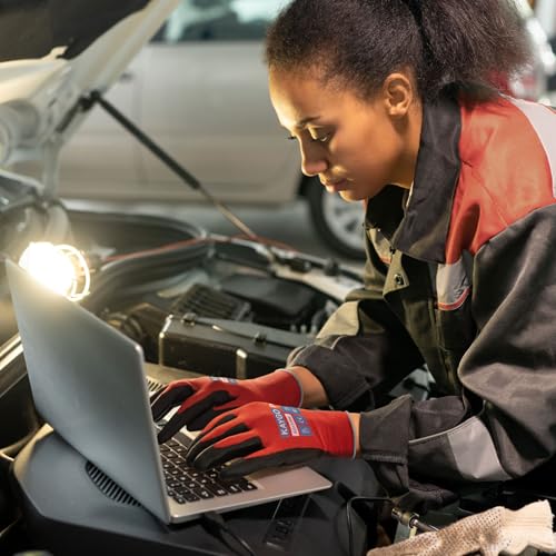 Image of KAYGO Work Gloves PU Coated for Men and Women, 12 Pairs Safety Work Gloves with Two Fingers Touchscreen, Breathable and Lightweight,Ideal for Light Warehouse, Manufacturing, Gardening, KG11P (S, Red)