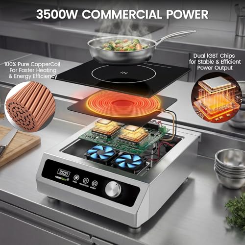 Image of 3500W Commercial Induction Cooktop, Hardwired 208V 3-Phase | 9.25-In Pure Copper Coil, Smooth Low-Power Heating for Restaurants, Catering & Commercial Foodservice