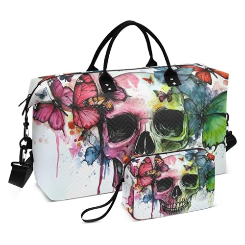 Large Travel Duffel Bag, Skull Butterflies Colorful Sport Tote Gym Bags, Shoulder Weekender Overnight Bags for Women Men, Carry On Luggage with Toiletry Bag