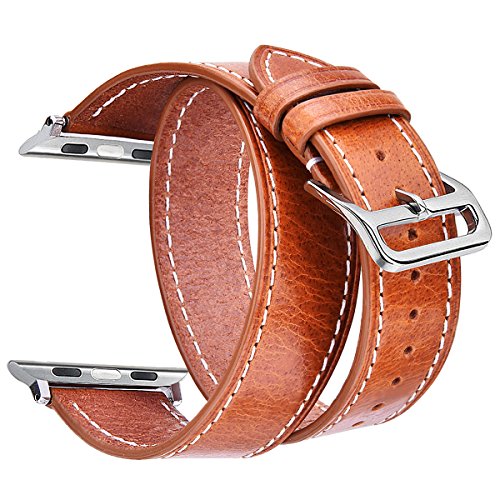 V-MORO Leather Bands Compatible with Apple Watch Band 38mm/40mm Women Men Full Grain Italian Premium Vintage Double Tour Bracelet Replacement for iWatch Series 4/3/2/1 (Brown,38mm/40mm-S/M)