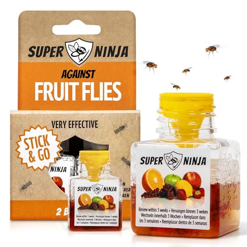 Super Ninja Fruit Fly Traps for Indoors - 2 Pack, Highly Effective Fruit Fly Catcher for Indoor Use for Home & Kitchen, Up to 3 Weeks of Performance per Bottle, Kid & Pet Friendly