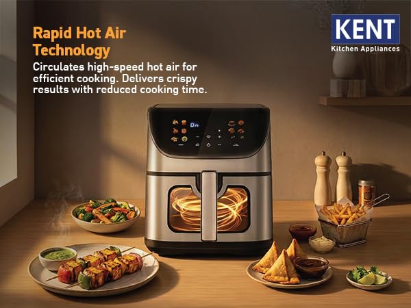 Image of KENT Digital Air Fryer 8.5L | 1700W | Bake, Grill & Roast | Up to 80% Less Oil Usage | 12 Preset Menu | Digital Display & Touch Control Panel | Glass Window with in built Light | Auto Cut-Off | Black