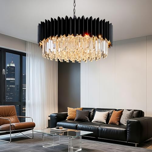 PAFRUMGE Modern Black Crystal Chandelier 24" Round Chandeliers 8-Lights Ceiling Pendant Light Fixtures 5 Tiers for Dining Room Living Room Bedroom Foyer Entryway by PAFRUMGE - Used condition - Image 6